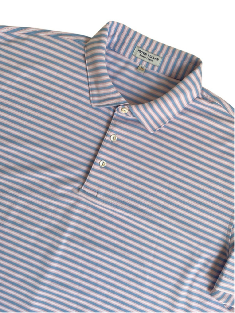 Peter Millar Summer Comfort Polo Shirt men's XL Pink Blue Stripped Golf
